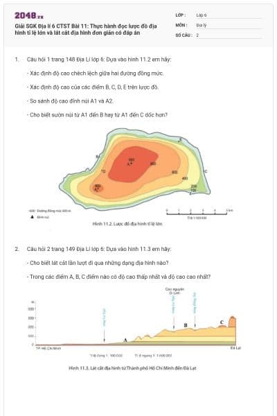 Giải SGK Địa lí 6 CTST Bài 11: Thực hành đọc lược đồ địa hình tỉ lệ lớn và lát cắt địa hình đơn giản có đáp án