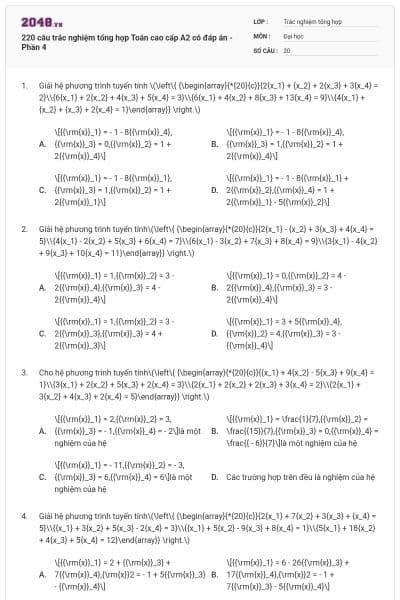 220 câu trắc nghiệm tổng hợp Toán cao cấp A2 có đáp án - Phần 4