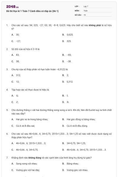Đề thi Học kì 1 Toán 7 Cánh diều có đáp án (Đề 1)