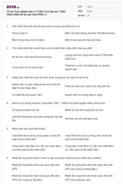 29 câu Trắc nghiệm Địa Lí 12 Bài 9 (có đáp án): Thiên nhiên nhiệt đới ẩm gió mùa (Phần 1)
