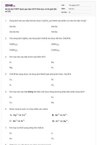 Đề thi thử THPT Quốc gia năm 2019 Hóa học có lời giải (Đề số 23)