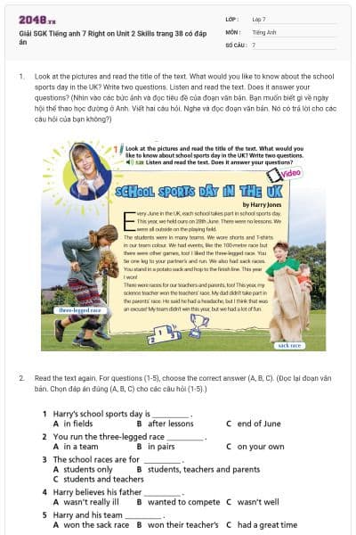 Giải SGK Tiếng anh 7 Right on Unit 2 Skills trang 38 có đáp án