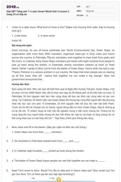 Giải SBT Tiếng anh 7 I-Learn Smart World Unit 4 Lesson 3 trang 24 có đáp án