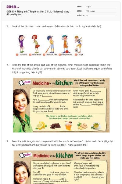 Giải SGK Tiếng anh 7 Right on Unit 2 CLIL (Science) trang 40 có đáp án