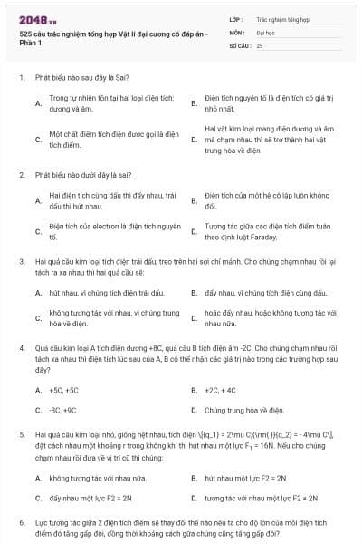 525 câu trắc nghiệm tổng hợp Vật lí đại cương có đáp án - Phần 1