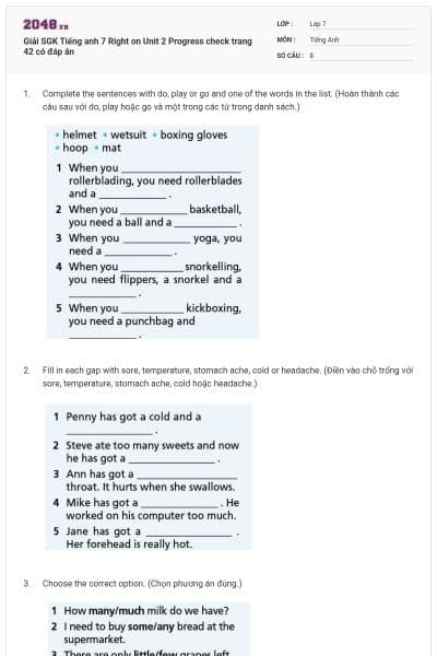 Giải SGK Tiếng anh 7 Right on Unit 2 Progress check trang 42 có đáp án