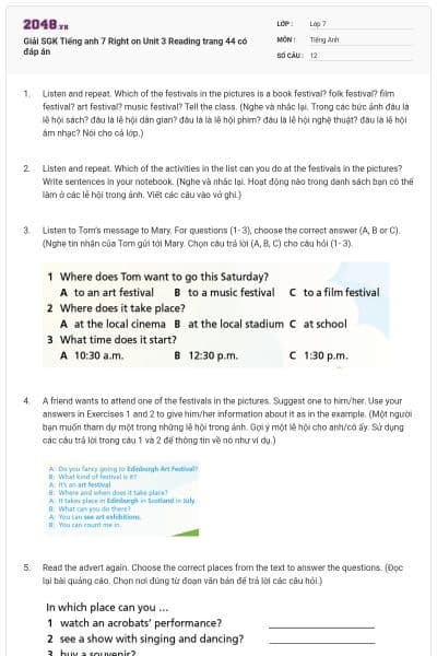 Giải SGK Tiếng anh 7 Right on Unit 3 Reading trang 44 có đáp án