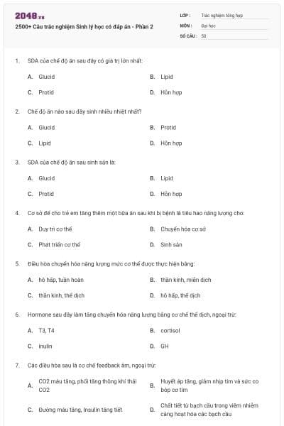 2500+ Câu trắc nghiệm Sinh lý học có đáp án - Phần 2