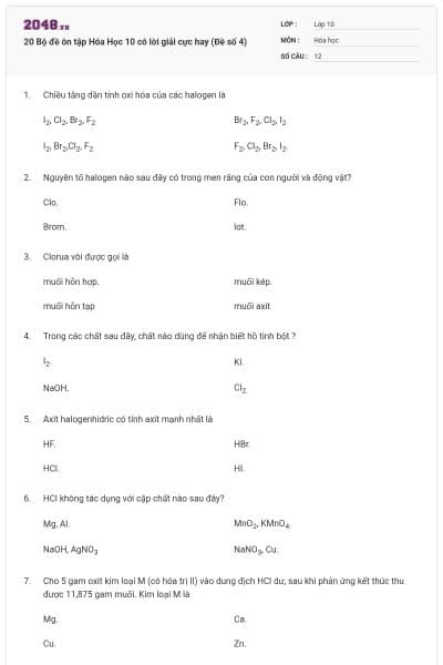 20 Bộ đề ôn tập Hóa Học 10 có lời giải cực hay (Đề số 4)
