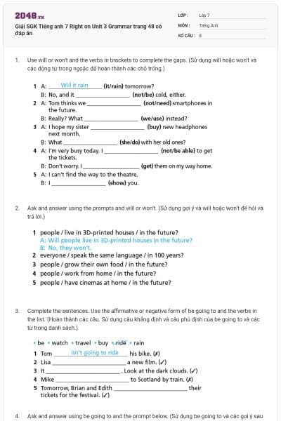 Giải SGK Tiếng anh 7 Right on Unit 3 Grammar trang 48 có đáp án