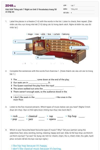 Giải SGK Tiếng anh 7 Right on Unit 3 Vocabulary trang 50 có đáp án