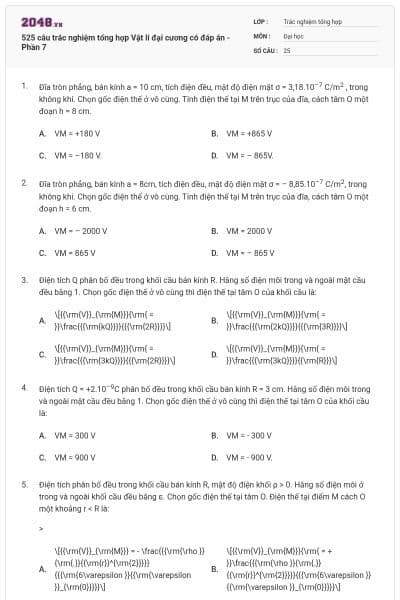 525 câu trắc nghiệm tổng hợp Vật lí đại cương có đáp án - Phần 7