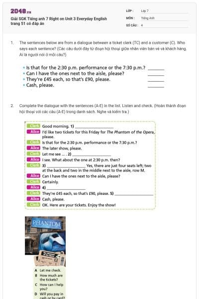 Giải SGK Tiếng anh 7 Right on Unit 3 Everyday English trang 51 có đáp án