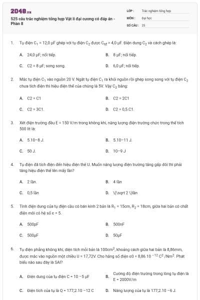 525 câu trắc nghiệm tổng hợp Vật lí đại cương có đáp án - Phần 8