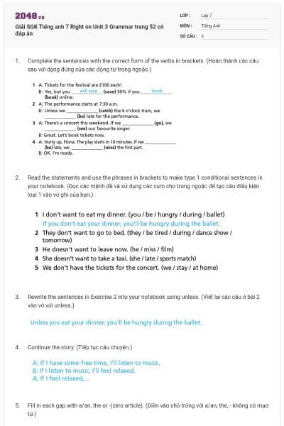 Giải SGK Tiếng anh 7 Right on Unit 3 Grammar trang 52 có đáp án