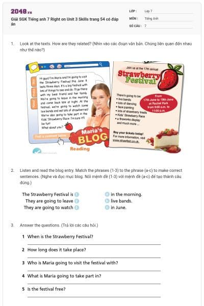 Giải SGK Tiếng anh 7 Right on Unit 3 Skills trang 54 có đáp án