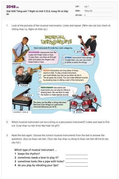 Giải SGK Tiếng anh 7 Right on Unit 3 CLIL trang 56 có đáp án