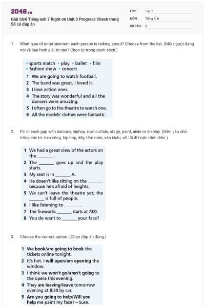 Giải SGK Tiếng anh 7 Right on Unit 3 Progress Check trang 58 có đáp án