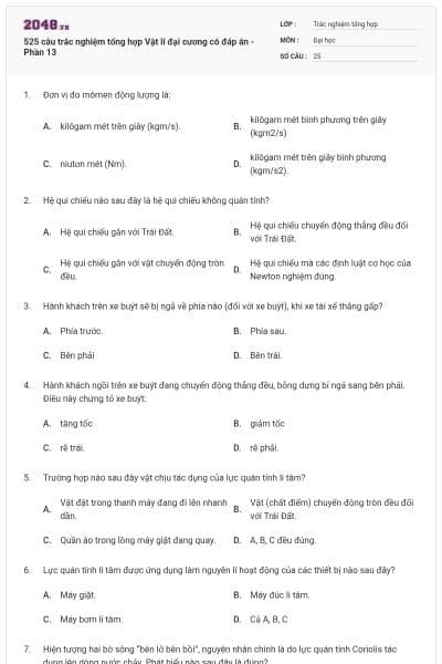 525 câu trắc nghiệm tổng hợp Vật lí đại cương có đáp án - Phần 13