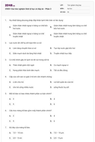 2500+ Câu trắc nghiệm Sinh lý học có đáp án - Phần 3