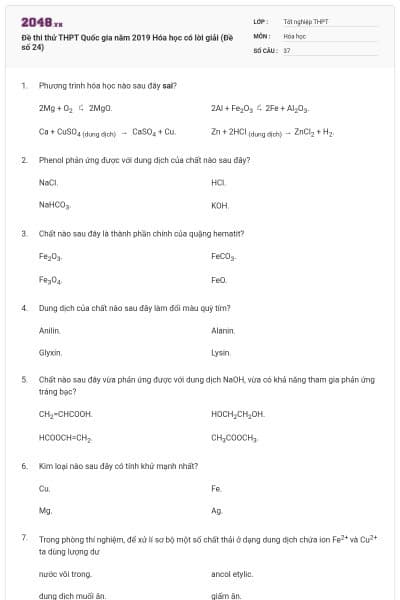 Đề thi thử THPT Quốc gia năm 2019 Hóa học có lời giải (Đề số 24)