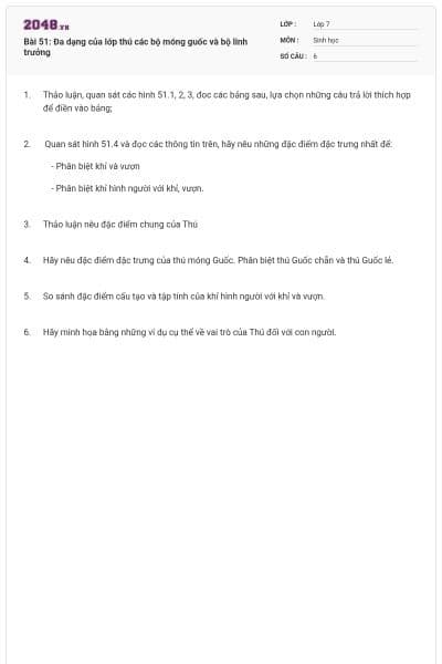 Bài 51: Đa dạng của lớp thú các bộ móng guốc và bộ linh trưởng