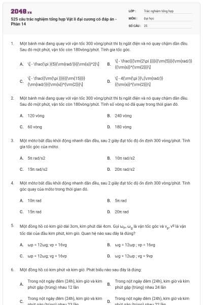 525 câu trắc nghiệm tổng hợp Vật lí đại cương có đáp án - Phần 14