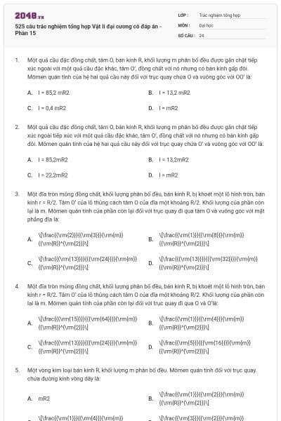 525 câu trắc nghiệm tổng hợp Vật lí đại cương có đáp án - Phần 15
