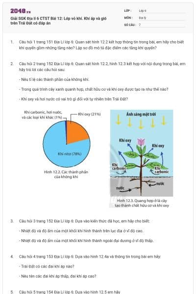 Giải SGK Địa lí 6 CTST Bài 12: Lớp vỏ khí. Khí áp và gió trên Trái Đất có đáp án