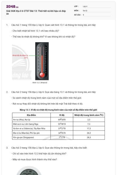Giải SGK Địa lí 6 CTST Bài 13: Thời tiết và khí hậu có đáp án