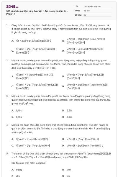 525 câu trắc nghiệm tổng hợp Vật lí đại cương có đáp án - Phần 17