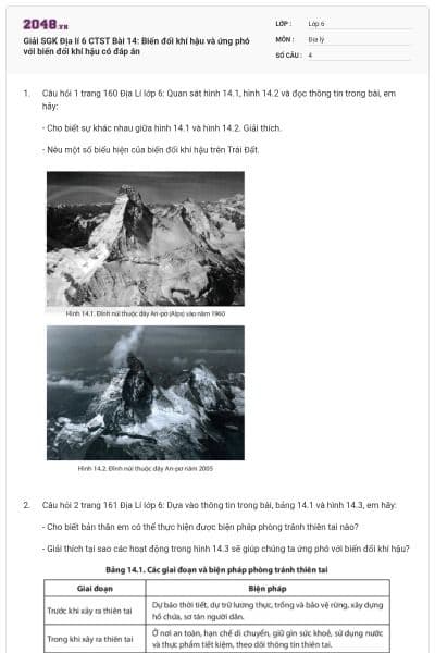 Giải SGK Địa lí 6 CTST Bài 14: Biến đổi khí hậu và ứng phó với biến đổi khí hậu có đáp án