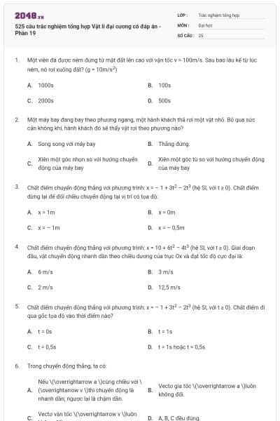 525 câu trắc nghiệm tổng hợp Vật lí đại cương có đáp án - Phần 19