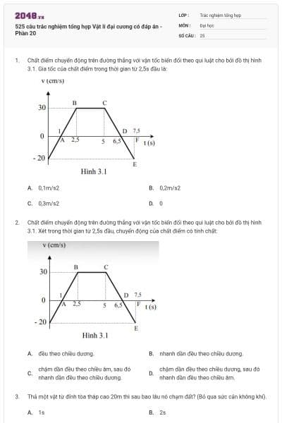 525 câu trắc nghiệm tổng hợp Vật lí đại cương có đáp án - Phần 20