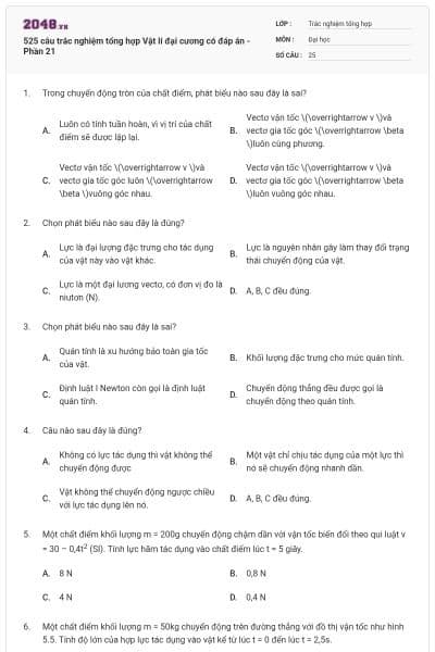 525 câu trắc nghiệm tổng hợp Vật lí đại cương có đáp án - Phần 21