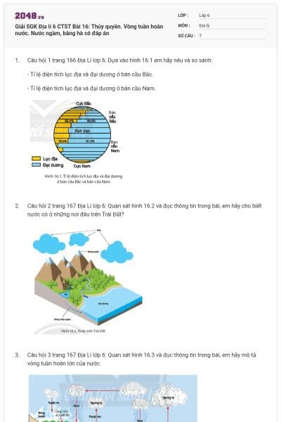 Giải SGK Địa lí 6 CTST Bài 16: Thủy quyền. Vòng tuần hoàn nước. Nước ngầm, băng hà có đáp án