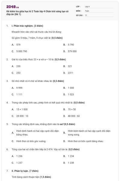 Đề kiểm tra giữa học kì 2 Toán lớp 4 Chân trời sáng tạo có đáp án (Đề 1)
