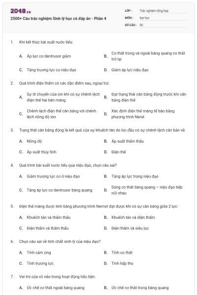 2500+ Câu trắc nghiệm Sinh lý học có đáp án - Phần 4