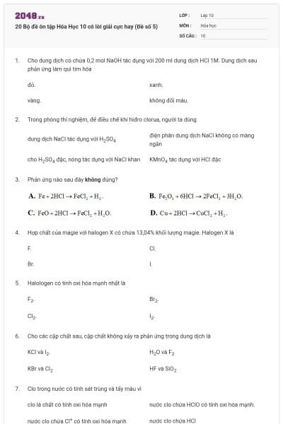 20 Bộ đề ôn tập Hóa Học 10 có lời giải cực hay (Đề số 5)