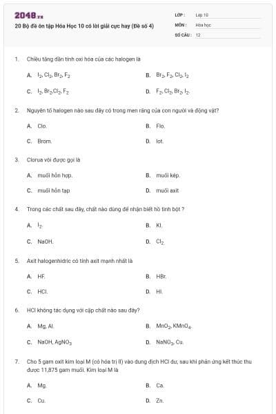 20 Bộ đề ôn tập Hóa Học 10 có lời giải cực hay (Đề số 4)