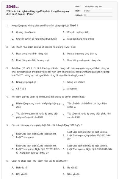 200+ câu trắc nghiệm tổng hợp Pháp luật trong thương mại điện tử có đáp án - Phần 1