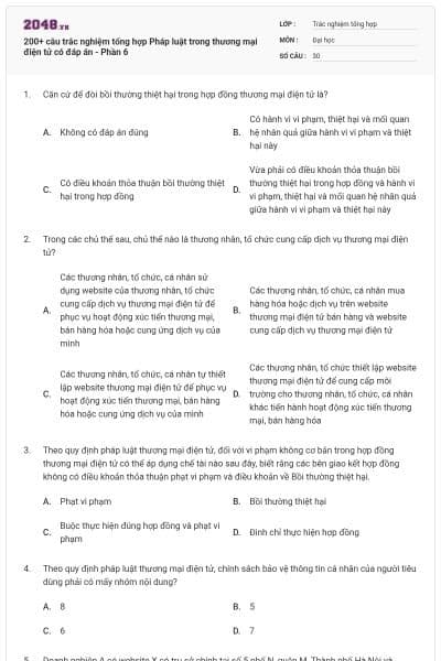 200+ câu trắc nghiệm tổng hợp Pháp luật trong thương mại điện tử có đáp án - Phần 6