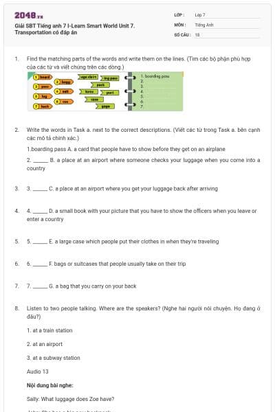 Giải SBT Tiếng anh 7 I-Learn Smart World Unit 7. Transportation có đáp án