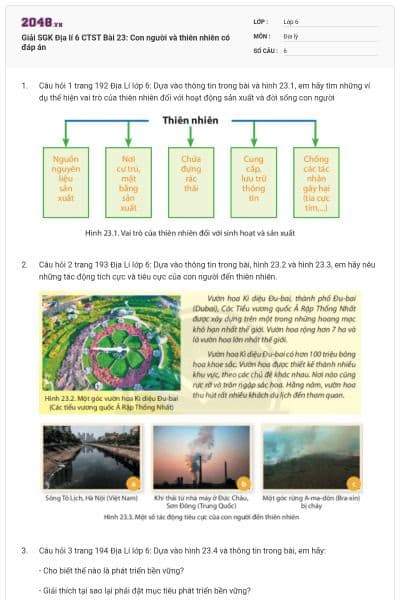 Giải SGK Địa lí 6 CTST Bài 23: Con người và thiên nhiên có đáp án