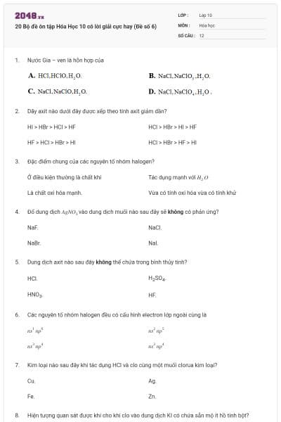 20 Bộ đề ôn tập Hóa Học 10 có lời giải cực hay (Đề số 6)