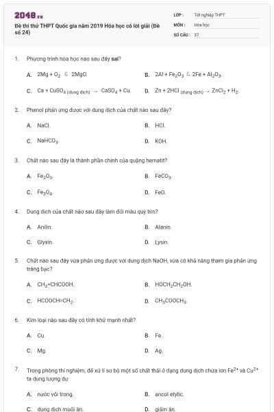 Đề thi thử THPT Quốc gia năm 2019 Hóa học có lời giải (Đề số 24)