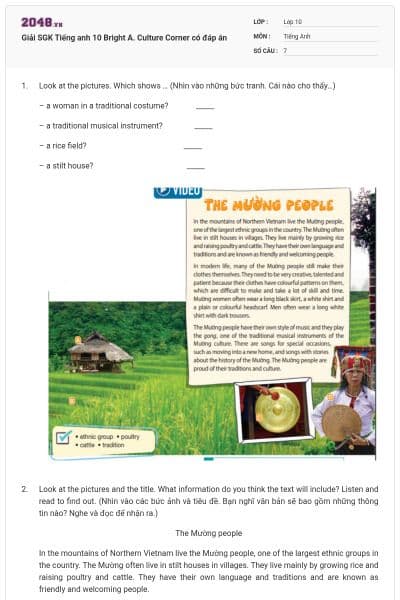 Giải SGK Tiếng anh 10 Bright A. Culture Corner có đáp án