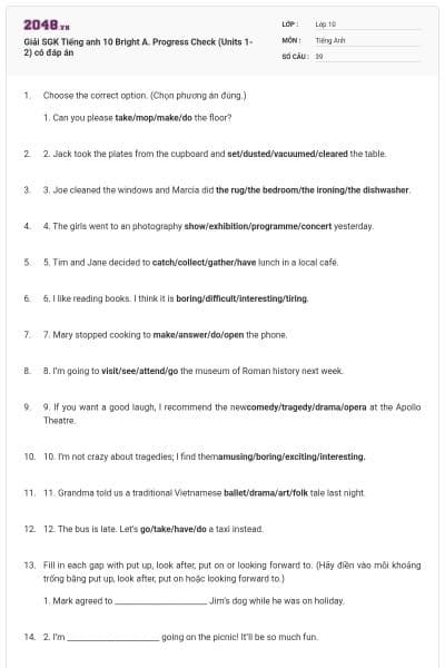 Giải SGK Tiếng anh 10 Bright A. Progress Check (Units 1-2) có đáp án