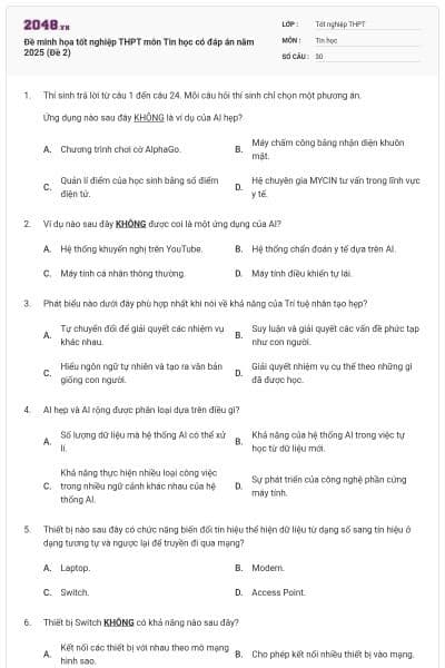 Đề minh họa tốt nghiệp THPT môn Tin học có đáp án năm 2025 (Đề 2)