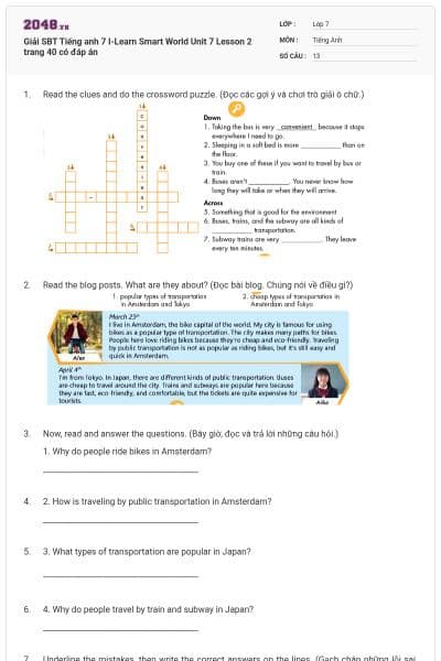 Giải SBT Tiếng anh 7 I-Learn Smart World Unit 7 Lesson 2 trang 40 có đáp án